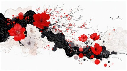 An abstract composition featuring vibrant red and delicate white flowers intertwined with swirling black ink and scattered red dots against a clean white backdr