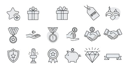 Collection of outline style vector icons representing business, achievements, and finance