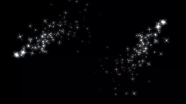 Fairy dust wand glitter doodle stars while magic sparkles glitter line trails shimmer with white twinkling particles, creating a sparkling pixie dust path across vibrant black screen animation