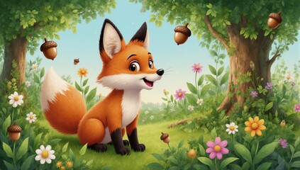 Obraz premium Vibrant whimsical illustration of a playful cartoon forest with cute wildlife characters amidst lush green leaves flowers and acorns - perfect for nursery decor