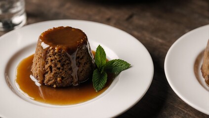 Detailed image of toffee pudding with mint leaves