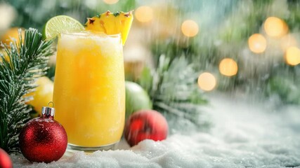 Sparkling pineapple lime cocktail set in a snowy holiday scene with red baubles, pine branches and twinkling lights as gentle snowflakes fall in a festive winter wonderland