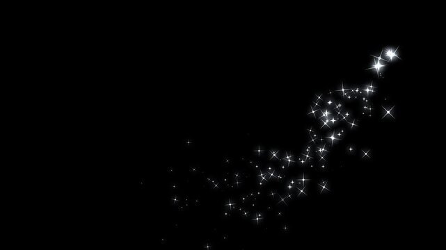 glitter star sparkle effects as white cartoon blinking stars scatter across a glowing starlight dust line, forming a shimmering doodle sparkle trail on a smooth black screen animation background