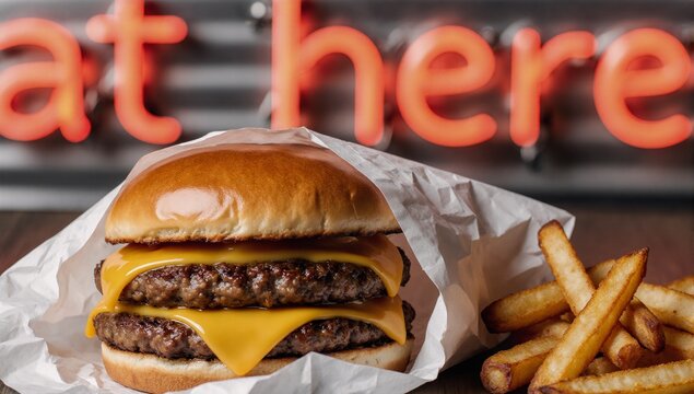 Triple cheeseburger and fries beneath a neon sign Fast Food Classic Americana
