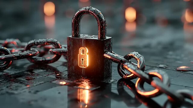 A glowing padlock secured by a rusty chain on a reflective surface with ambient orange lights in the background