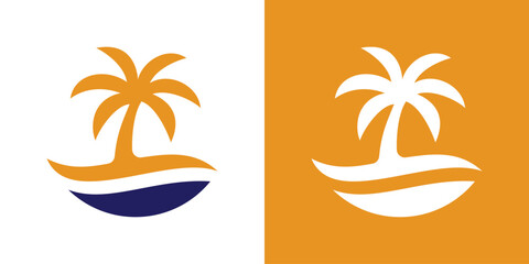 A minimalist style vector logo featuring a palm tree above a wave line, creating a modern and elegant tropical symbol.