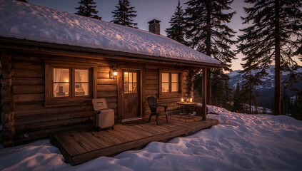 Winter Travel & Cozy Destination — mountain cabin. Cozy Mountain Cabin at Golden Hour with Warm Lights and Winter Atmosphere