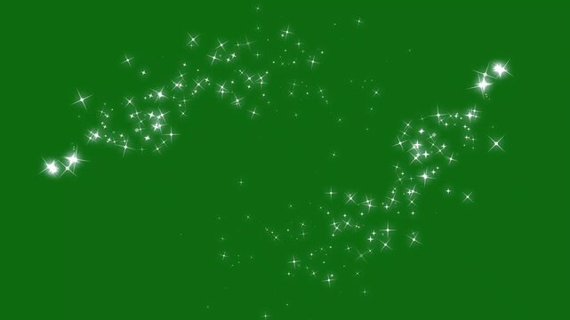 Glitter star sparkle effects, twinkling magic dust, glowing doodle stars while a bright fairy dust wand glitter trail, creating white cartoon blinking stars on a smooth green screen background