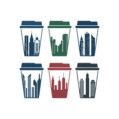 Six stylized coffee cups with city skyline silhouettes inside vector