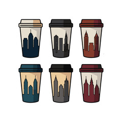 Six coffee cups with city skyline silhouettes in various colors drink beverage