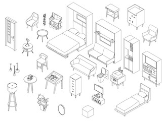 Interior objects set with contour line drawings of furniture including bed, sofa, chairs, tables, and cupboards on white background. Isometric view
