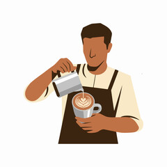 Barista pouring latte art into a coffee cup with a heart design vector