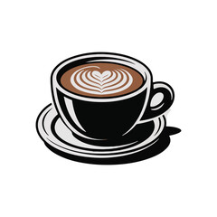 Black coffee cup with latte art heart on saucer brown