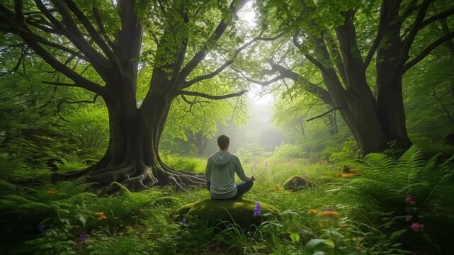 A solitary person meditating on a mossy rock in the heart of a vibrant, sun-kissed green forest, seeking spiritual wellness and tranquility