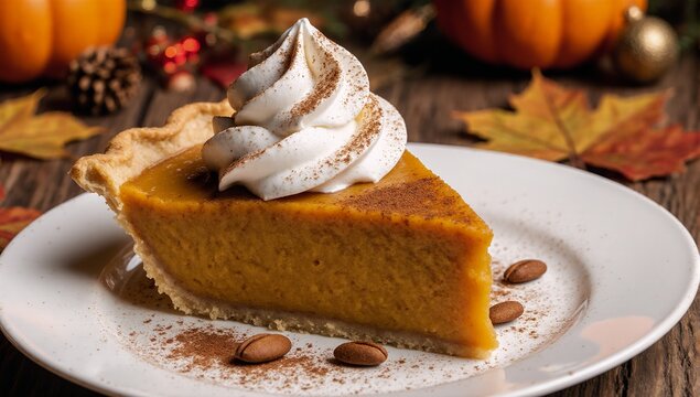Tempting pumpkin pie slice with whipped cream and cinnamon represents comforting fall flavors and joy of homemade desserts during holiday seasons