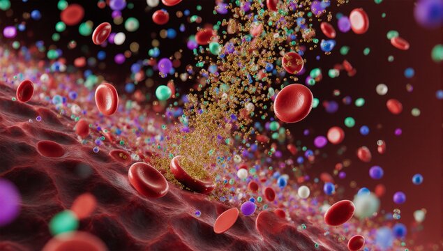 An abstract illustration showcases the complexity of blood components and cholesterol levels with colorful particles floating