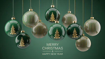 Merry Christmas and Happy New Year. Ten large green glass ornaments hanging against dark green background.