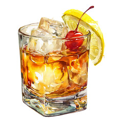 Watercolor illustration of an old fashioned cocktail with cherry and lemon isolated on transparent background classic alcoholic drink