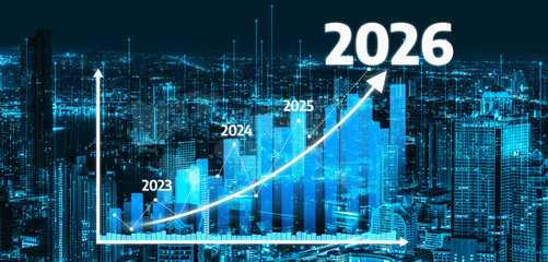 A futuristic growth trend graph against a vibrant city skyline, illustrating rising statistics for 2023 to 2026, symbolizing urban development and economic progress. Tessel