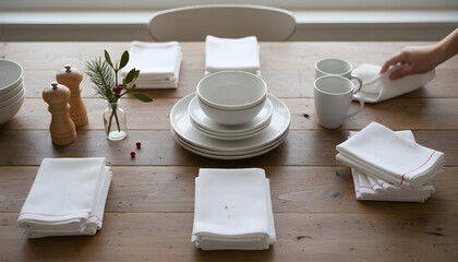 Preparing minimalist dinner table with dishes, napkins, and winter decor