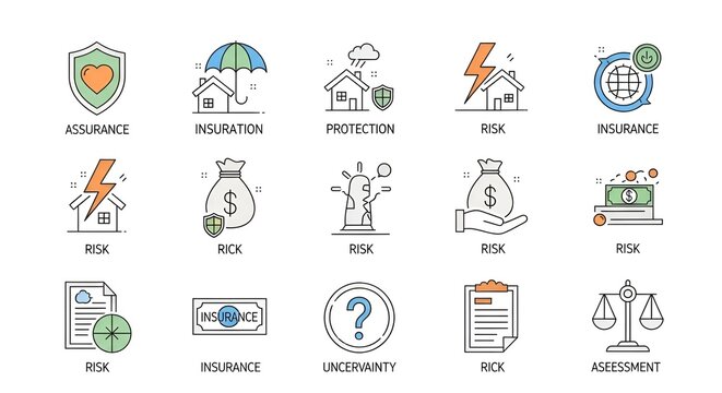 Insurance and risk management icons set concept for financial security planning and protection