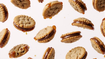 White background with caramelized condensed milk nut shell-shaped cookie pieces falling