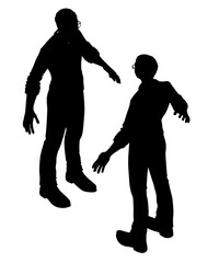 Stylized silhouette of an African man wearing glasses conversing with a woman in a dynamic pose against a clean white background.