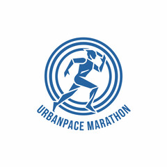 Blue stylized runner in a circle, with text. Running event logo, urban pace theme