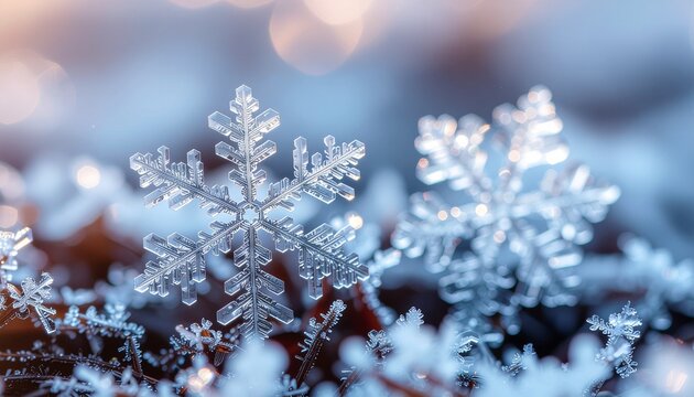 Stunning macro photography of intricate snowflakes resting on a frozen surface. The winter background features a cold blue tone with warm, glowing bokeh lights.