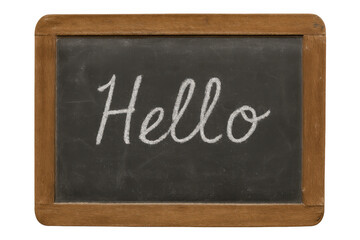 Obraz premium Chalkboard with hello written in cursive, representing greeting, communication, education, and welcoming concept