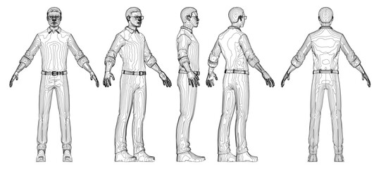 Stylized African male in glasses and navy suit strikes a thoughtful pose with outstretched arms. He gazes into the distance with a serious expression against a white background.