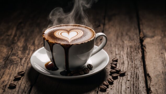 Wooden background with a latte cup featuring heart shape and coffee beans - Powered by Adobe