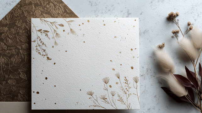 Elegant floral wedding invitation card with gold botanical accents and dried flowers on neutral marble background