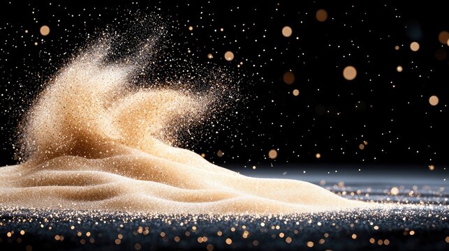 A dynamic explosion of golden glitter powder creating a wave-like shape against a dark background with soft bokeh lights.