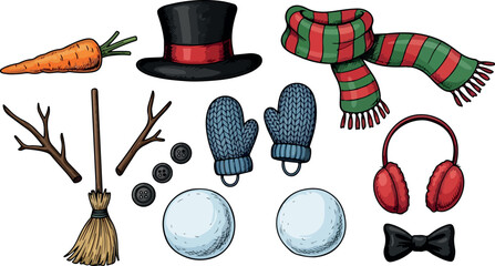 Cheerful snowman parts for construction with hat scarf gloves carrot broom twigs buttons earmuffs and bow tie representing winter fun