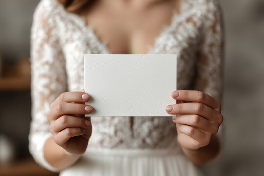 Bride holding elegant wedding invitation card mockup with minimal blank design in soft light, lace dress background