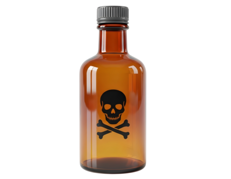 Amber glass bottle with skull and crossbones symbol isolated on transparent background