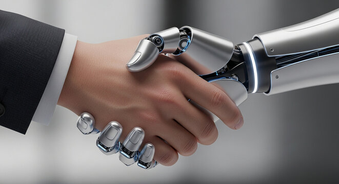Close-up handshake between a human and a futuristic robot, symbolizing cooperation between people and artificial intelligence.