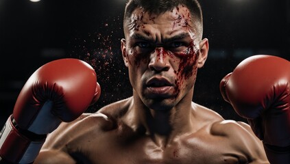A muscular boxer bloodied and determined throws a powerful punch in intense focus with sweat flying