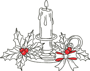 Elegant Christmas Candle with Holly Berries and Decorative Bow Celebration of Holiday Season Winter Illustration