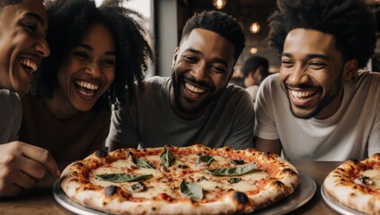 Close-up of friends enjoying a pizza together