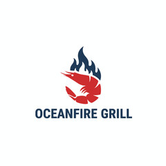 A shrimp surrounded by blue flames, with "OCEANFIRE GRILL" text below