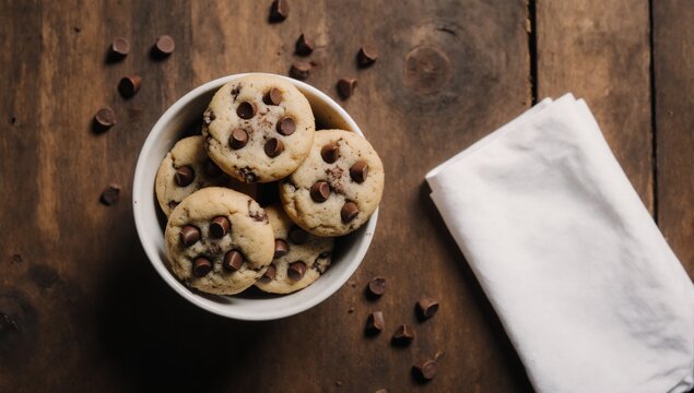 Birds eye view of chocolate chip cookies in a cup bowl on rustic wooden background with napkin