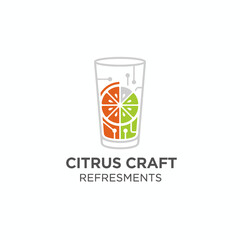 A citrus fruit design within a glass, orange and green, with text "Citrus Craft Refresments" below