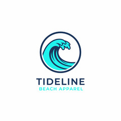 A wave design inside a circle with text "TIDELINE BEACH APPAREL" in two lines