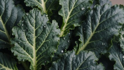 Naklejka premium Macro shot of fresh kale leaves with water droplets