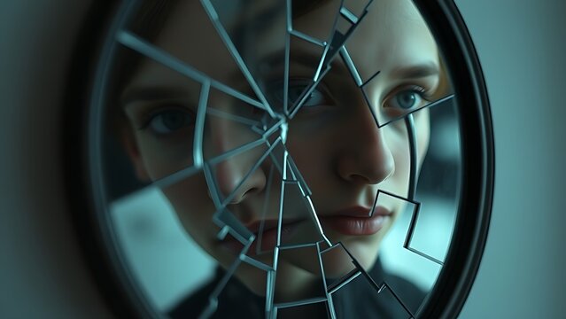 inconsistencies. Shattered mirror reflecting fragmented facial features with soft window lighting. wellbeing guides, coaching materials, designed for coaching and self-improvement content.