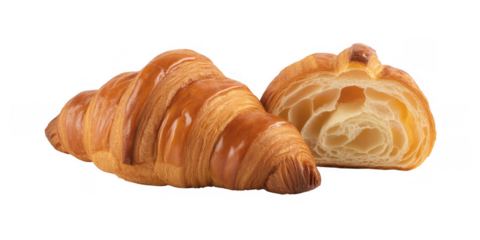 Croissant pastry cut in half showing layers isolated on a transparent background