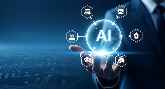 Businessman holding a glowing orb displaying the letters AI, along with icons representing data storage, cybersecurity, analytics, and communication.