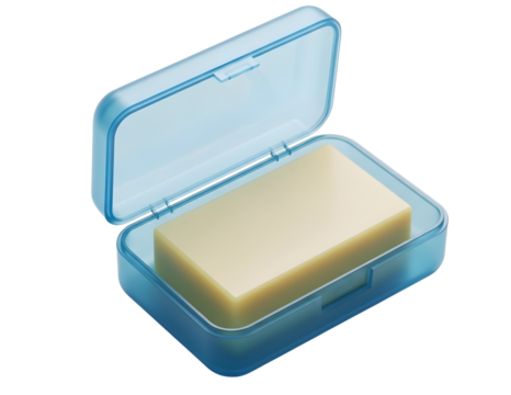 Open blue plastic soap case with bar of soap isolated on transparent background